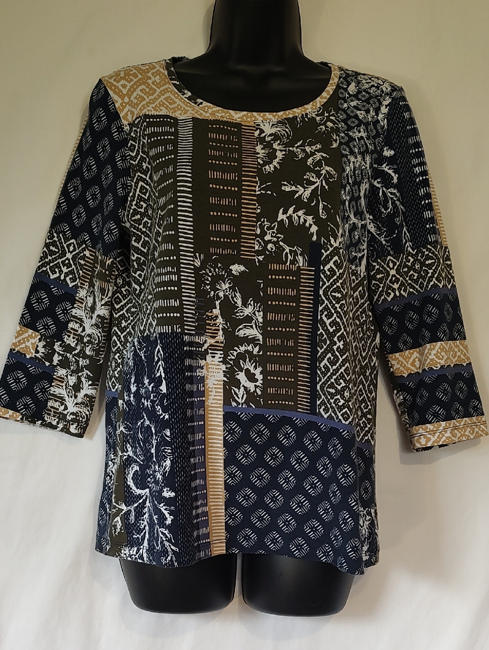 Christopher & Banks Navy and Tan Patchwork-Print Scoop Neck Top
